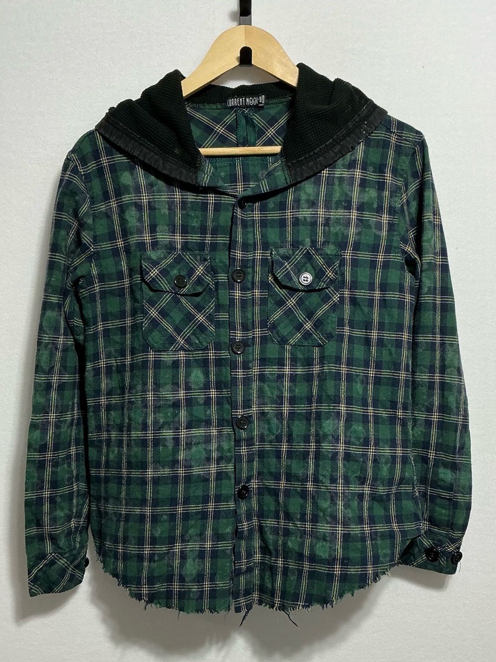 Current Mood Green Plaid Hooded Flannel Shirt Women’s S Grunge Distressed - Picture 15 of 15